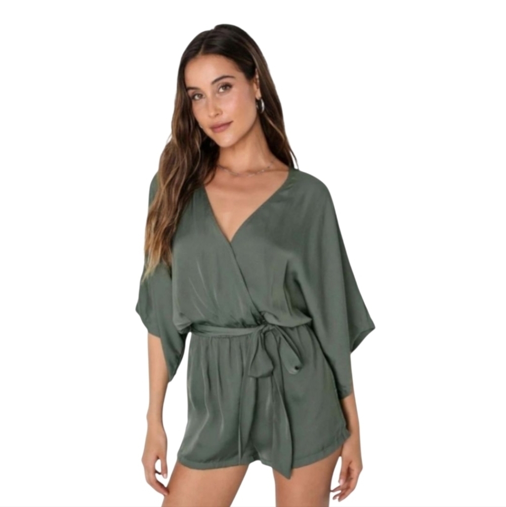 Lulus Ain't It Grand Olive Green Satin Surplice Romper size Medium